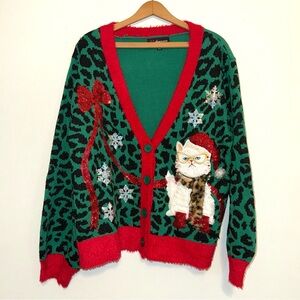 33 Degrees Women’s XL Ugly Christmas Sweater Cardigan – Santa Cat Leopard Print
